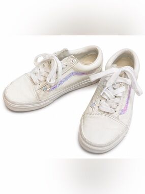 Vans Old Skool White Leather Sneakers Iridescent Side Stripe Women’s US 6.5